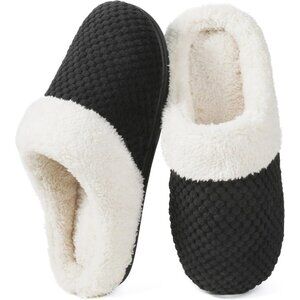 Women's Warm Winter Memory House Fleece Fuzzy Foam Slip On Slippers Black Shoes
